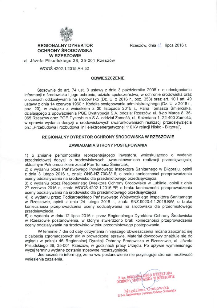 Obwieszczenie - Przebudowa i rozbudowa linii elektroenergetycznej 110 kV relacji Nisko - Biłgoraj