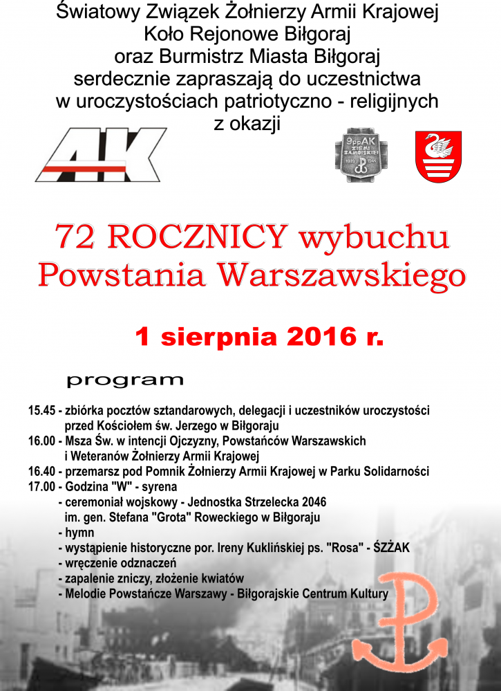 72 Rocznica wybuchu Powstania Warszawskiego - zaproszenie